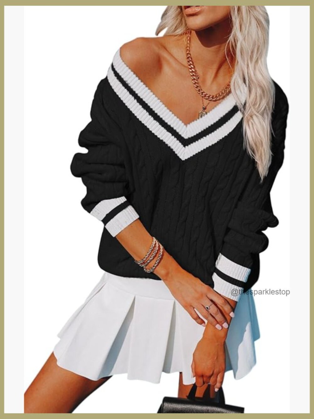 V Neck Oversized Chunky Cable Knit Pullover Sweater Tunic Long Sleeve